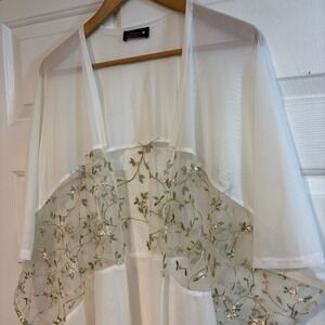 Paperoc White Floral Embroidered Kimono Cardigan Wrap Fairy Garden Spring L Boho